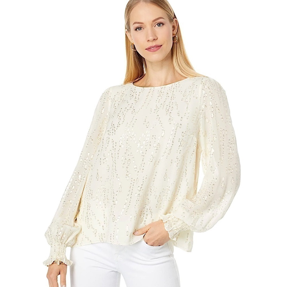 LILLY PULITZER Idina Long Sleeve Silk Top cream glitter holiday goddess XS